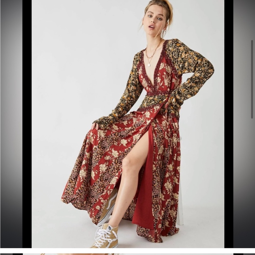 Free People Red and Gold Floral Maxi Dress